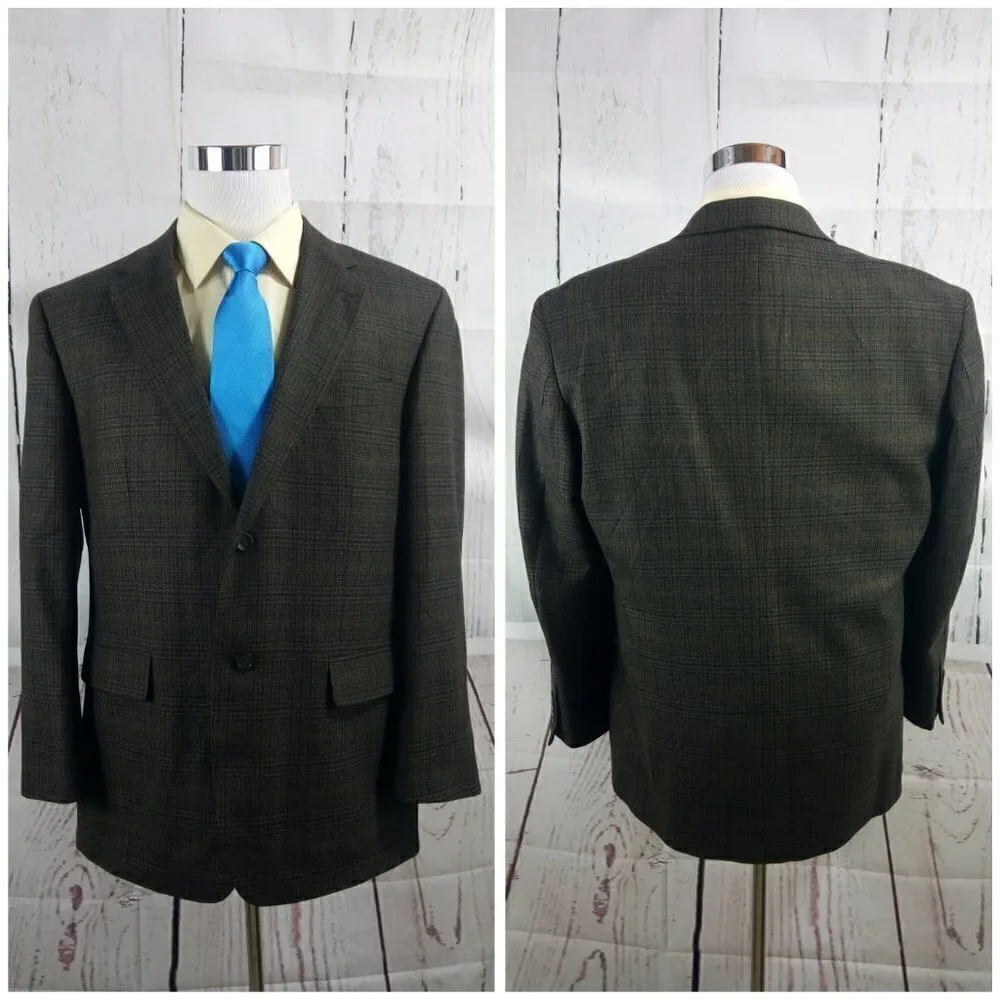 Oscar de la Renta 44R Lambswool Blend 2 Btn Brown Plaid Suit Blazer Sport Coat